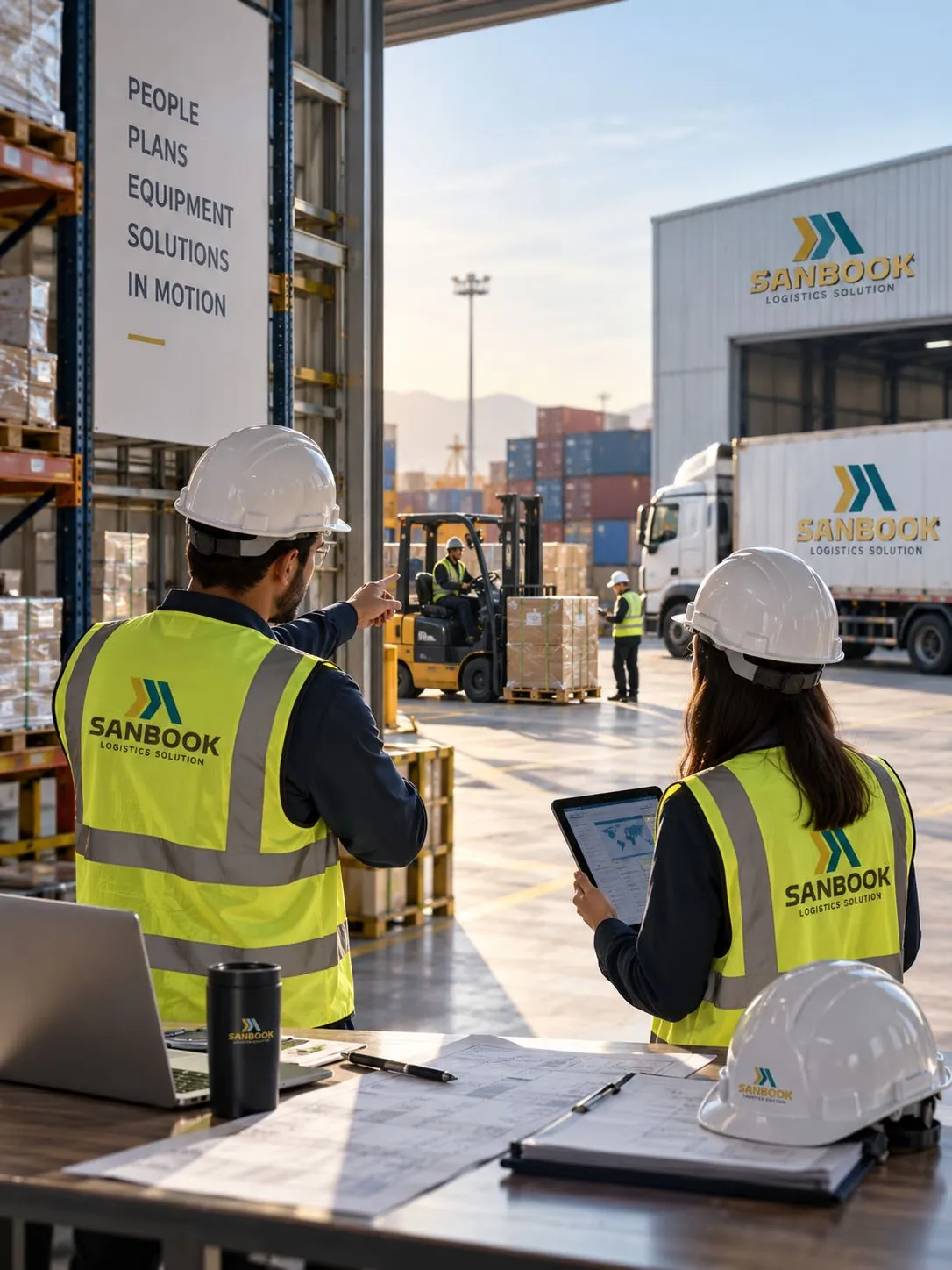 Two SANBOOK coordinators in high-visibility vests reviewing plans at a logistics yard